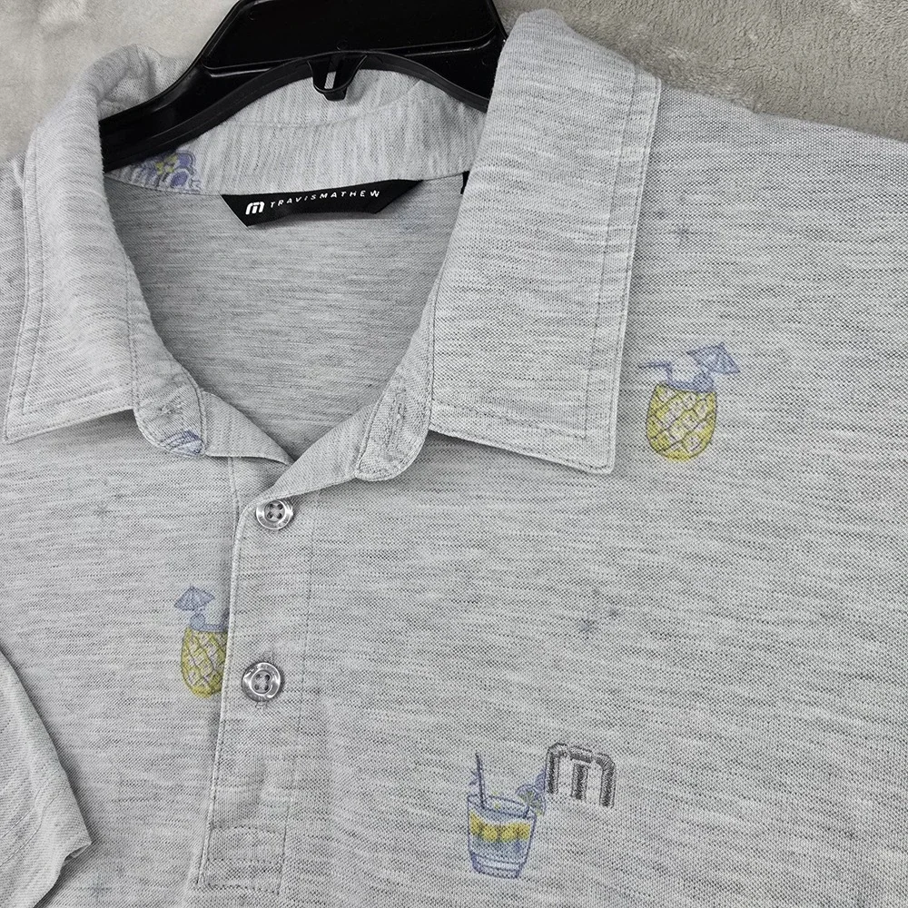 Travis mathew Polo‎ Shirt Mens 2XL Gray Vacation Skull Drinks Soft